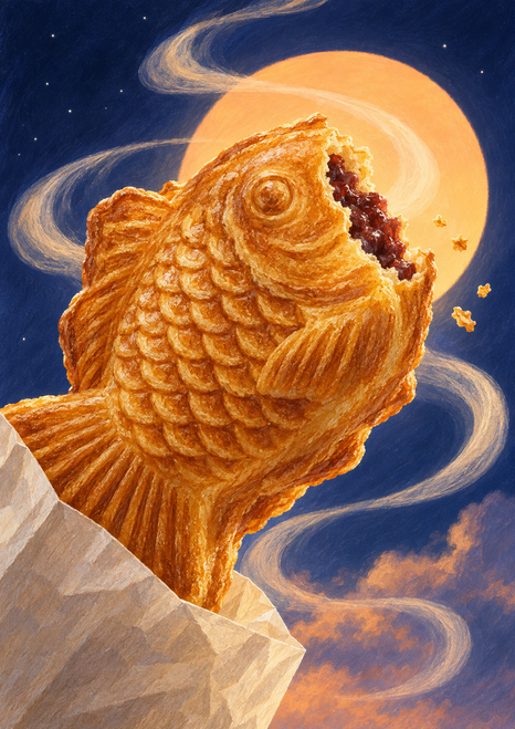 Golden fish-shaped pastry with a bite showing dark red filling, rising from a paper sleeve against indigo with looping steam and an apricot glow.