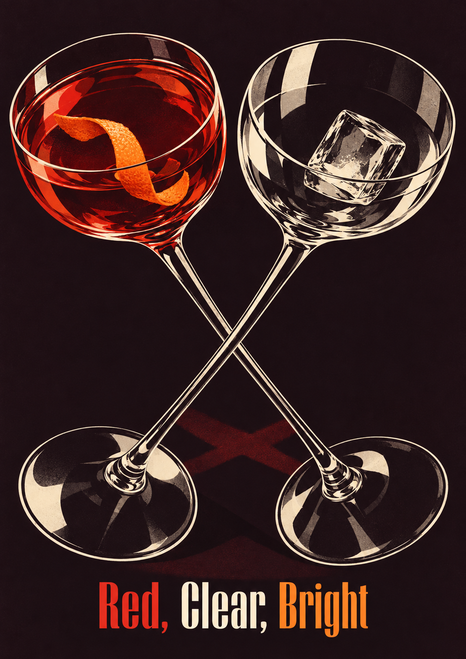 Two long-stemmed cocktail glasses cross against a dark plum background, one with a ruby drink and orange peel, the other with an ice cube.