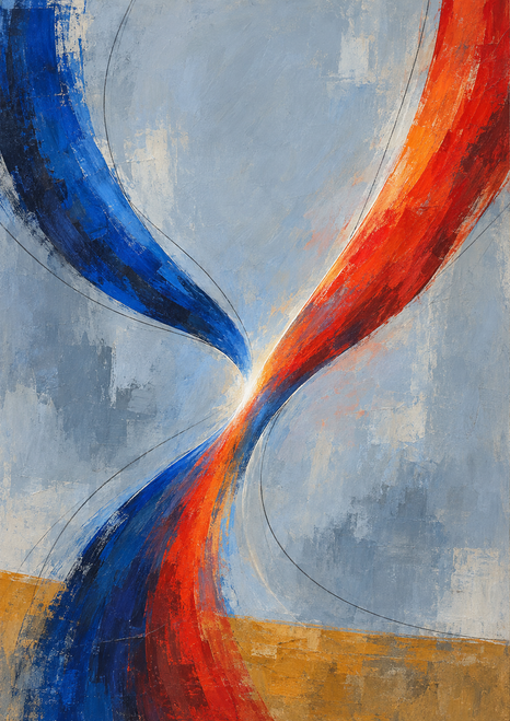 Curved blue and vermilion-orange bands cross at the center over a pale gray-blue background, with fine arcs and ochre at the bottom.