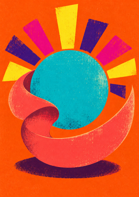 Turquoise disk wrapped by a coral ribbon-like shape, with yellow, magenta, and violet rays on a textured orange background.