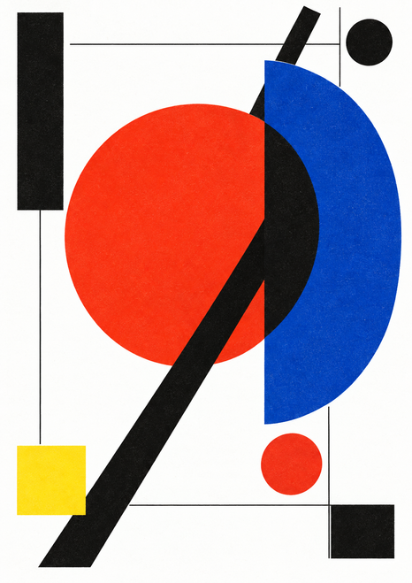 Red circle overlapping a blue semicircle beneath a thick diagonal black band, with a yellow square and smaller geometric shapes on an off-white ground.