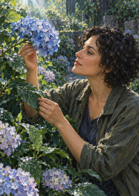 Adult woman with short dark curls reaches toward a blue hydrangea in a dense garden of green leaves and pale-lilac flowers.
