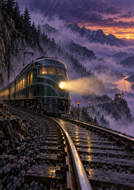 Streamlined electric railcar with a bright headlamp rounding reflective mountain tracks through violet dusk mist toward a ridge-side signal hut.
