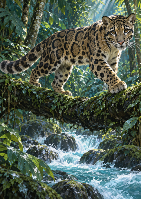 Spotted clouded leopard stepping across a moss-covered branch above a rushing stream, surrounded by tropical foliage.