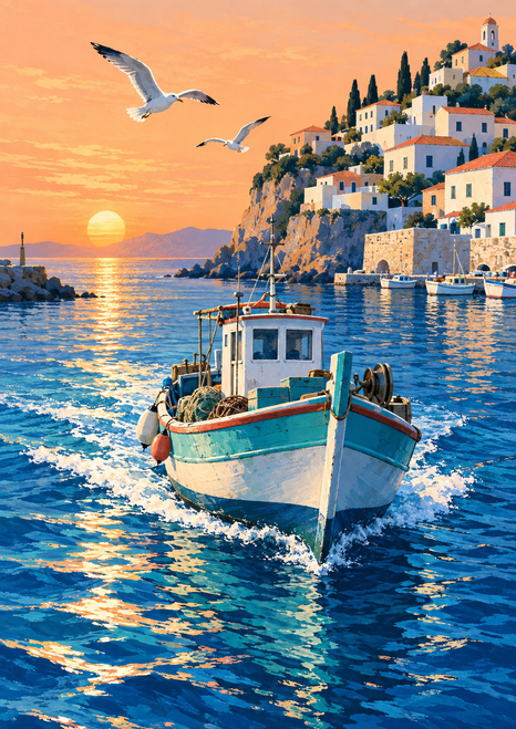 Turquoise-and-white fishing boat approaching a bright harbor beneath two gulls, with white and terracotta buildings on a rocky headland and a low sun over the sea.