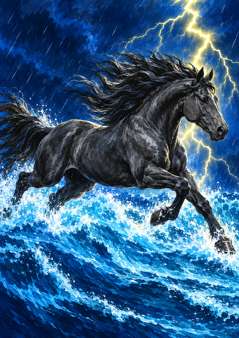 Charcoal-gray horse galloping through foamy electric-blue water beneath branching lightning in a dark storm sky.