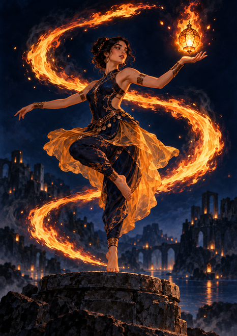 Adult woman in a dark costume dancing amid looping flames, with a glowing lantern above her hand and illuminated buildings in the background.