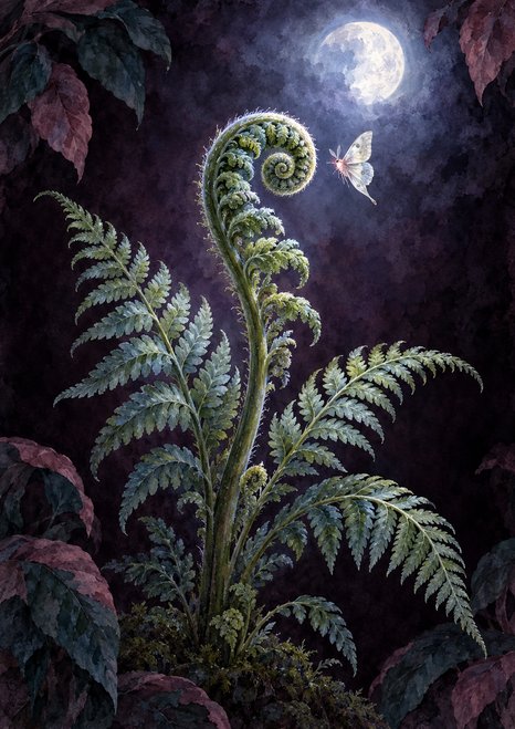 Coiled fiddlehead fern with spreading fronds beneath a bright moon, with a pale moth hovering nearby.
