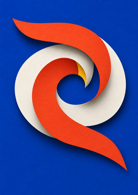 Oversized red-orange and white folded ribbon spiral with a small yellow accent on a saturated blue background.
