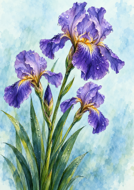 Three violet iris blooms and an unopened bud rise among long green leaves with bright droplets against a pale aqua background.
