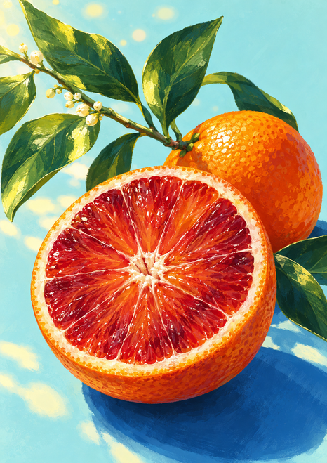 Large cut red-fleshed orange with a whole orange and glossy green leaves against pale aqua with a cobalt-blue shadow.