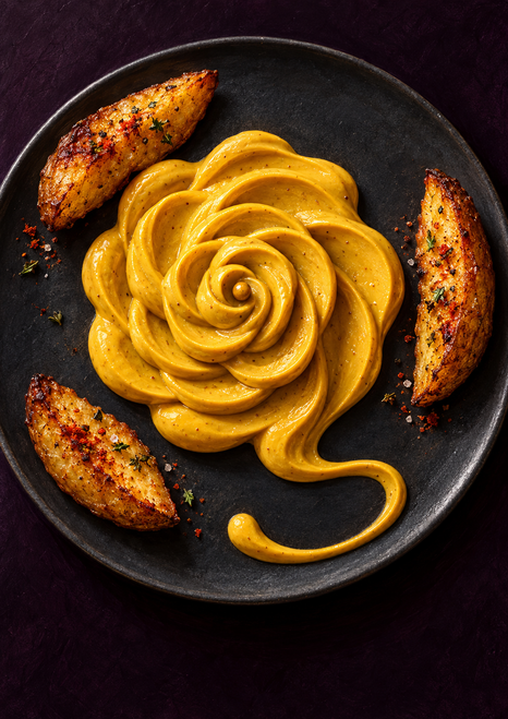 Glossy golden mustard arranged in a flower-like spiral on a dark plate with three roasted potato wedges.