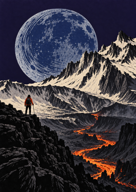 Small hiker in a red-orange jacket faces a huge textured blue moon over pale jagged peaks and an orange lava flow.