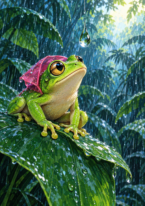 Bright green frog in a magenta hood crouching on a tropical leaf beneath a large suspended raindrop in heavy rain.