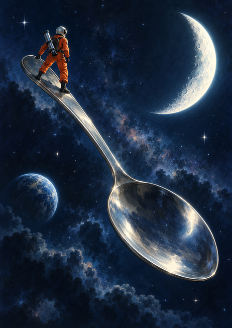 Tiny orange-suited astronaut standing on a giant silver spoon in space, facing a crescent moon with a blue planet below.
