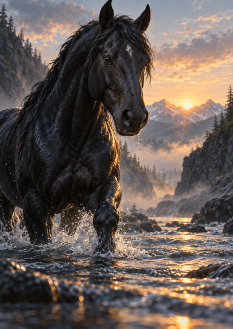 Black horse stepping through a shallow mountain stream, with misty forested banks, distant peaks, and warm dawn reflections.