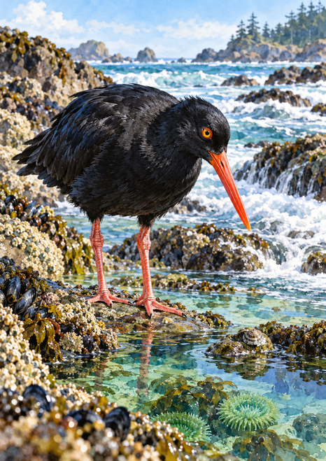 Black shorebird with an orange-red bill and red legs leaning toward a shell among turquoise tidepools, rocks, and surf.