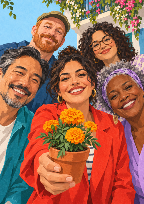 Five smiling adults beneath flowering balcony foliage, with a woman in a vermilion jacket offering a potted marigold.