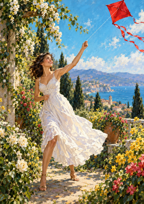Adult woman in a flowing white dress raises one arm toward a bright red kite above flowering vines, with a coastal town and sea in the distance.