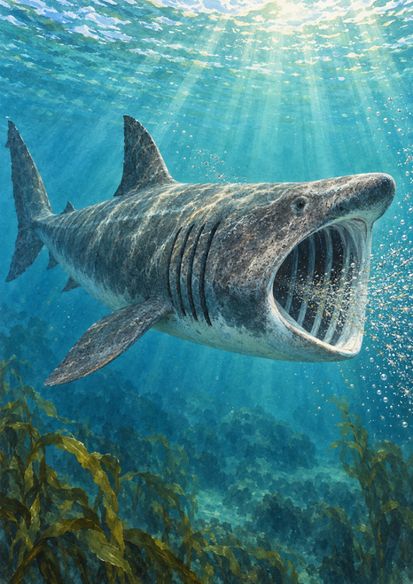 Large gray shark with open mouth and visible gill slits swimming through sunlit blue-green water above sparse kelp.