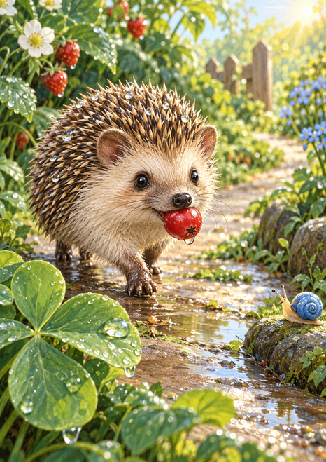 Small hedgehog carrying a red berry along a garden path, with a blue-shelled snail on a rock among leaves and flowers.