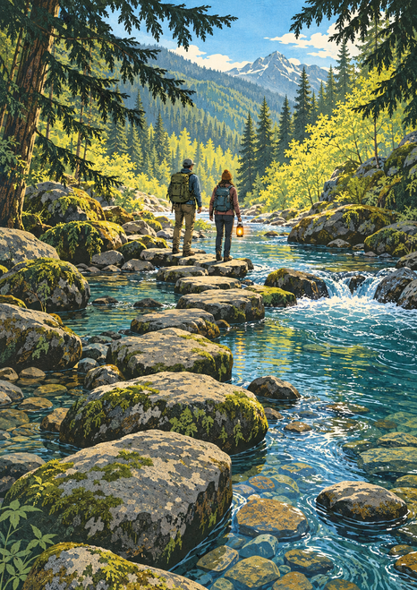 Two backpacked hikers cross a rocky stream on stepping stones, with one holding an amber lantern beneath forest branches.