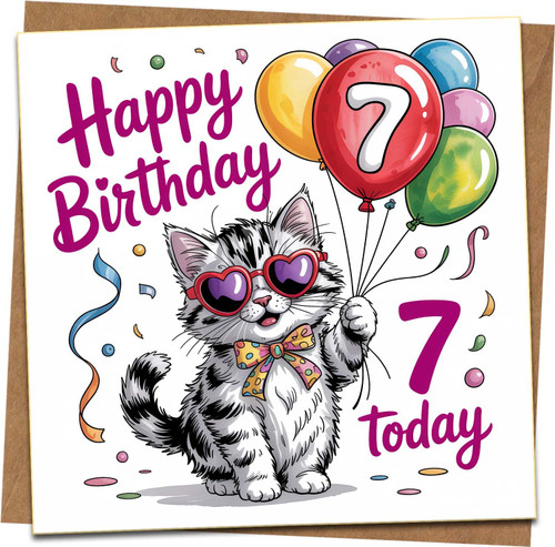 7th Birthday Card for Kids – Cute Cat with Balloons – Age 7 Happy Birthday – 145mm Square Greeting Card with Kraft Envelope – For Girl, Boy, Daughter, Son, Granddaughter, Grandson