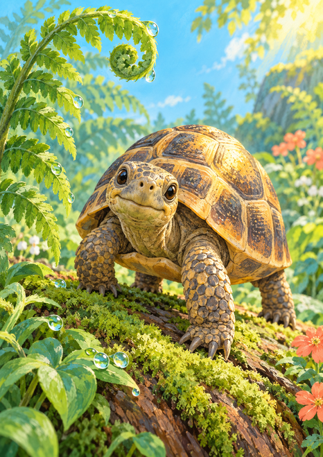 Curious tortoise facing forward on a moss-covered log, framed by a curling fern, greenery, bubbles, and coral flowers.