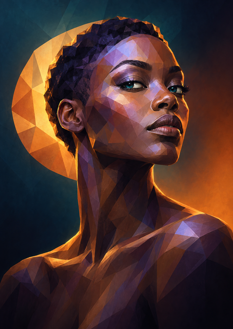 Faceted three-quarter portrait of an adult Black woman with close-cropped geometric hair and an angular halo-like disc.