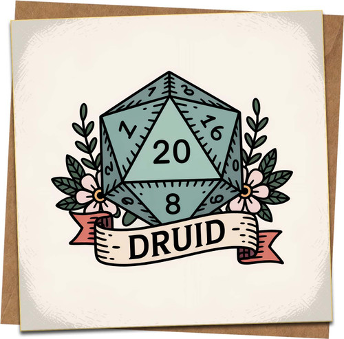 Druid D20 Dice Greeting Card - 145mm x 145mm Square RPG Card, Blank Inside, Dungeons & Dragons Gamer Gift, Floral Banner Design, Includes Kraft Envelope