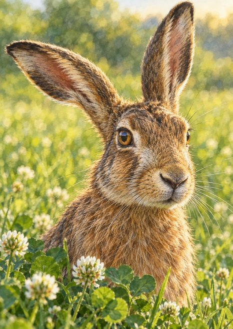 Russet-brown hare facing slightly toward the viewer among clover and white blossoms, with a softly blurred green meadow behind it.
