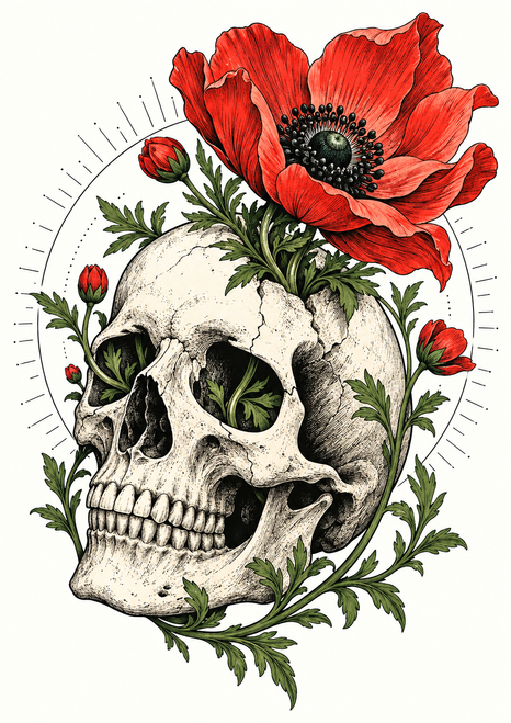 Ivory human skull entwined with leafy green stems and topped by a vivid red flower on a warm-white background.