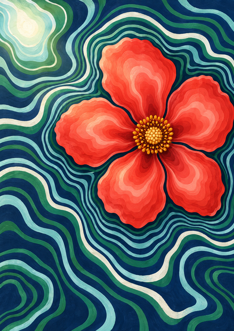 Coral-red five-petal flower with a golden dotted center amid flowing multicolor contour bands on a deep navy background.