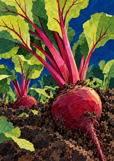 Large red-purple beetroot in dark soil beneath vivid pink stems and broad green leaves, with a smaller beet at left.