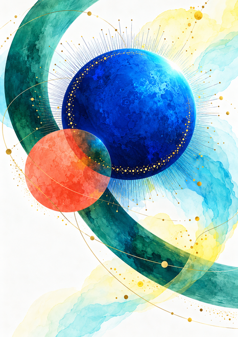 Textured blue orb overlapped by a coral disc, with a sweeping teal arc, fine radial lines, and scattered gold dots on white.