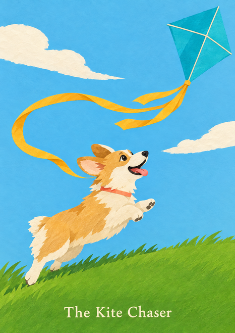 Cream-and-tan corgi leaping toward a turquoise kite with a curling gold tail above a green hill; title at bottom.