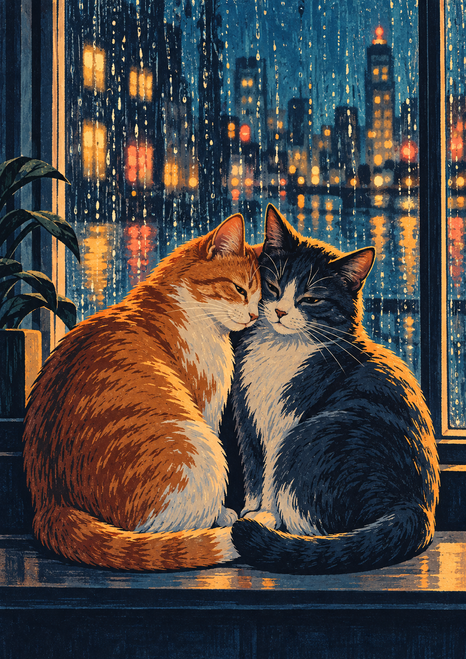 Two cats sit close together on a windowsill, touching faces before a rain-streaked window with blurred city lights.