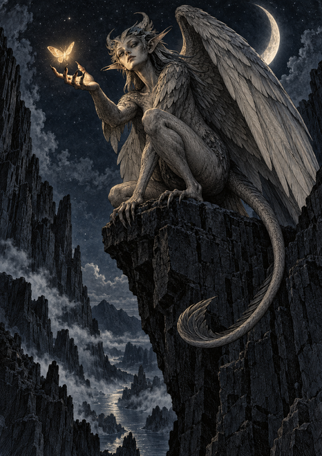 A silver-gray winged, long-tailed fantasy creature crouches on a rocky ledge and reaches toward a glowing moth beneath a crescent moon.