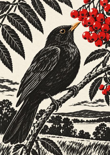 A blackbird perches on a diagonal branch beside scarlet rowan berries and dark leaves, with a distant landscape behind it.