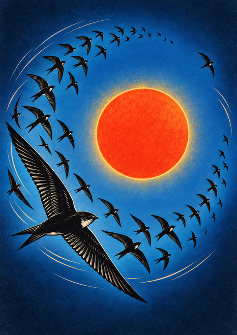 Black swift silhouettes curve around a glowing orange-red sun against a blue sky, with a pale halo and curved motion strokes.
