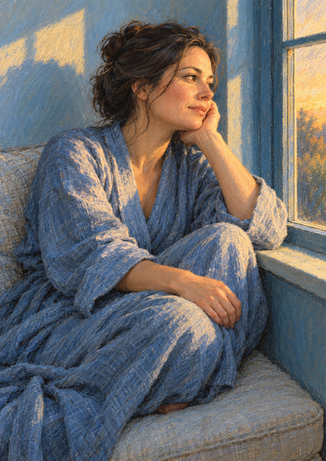 Adult woman in a blue robe sits on a cushioned window seat, resting her cheek in one hand beside a sunlit window.