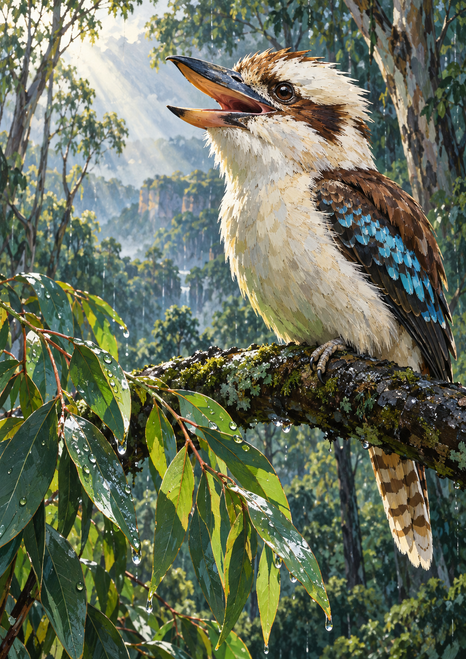 Calling kookaburra perched open-beaked on a mossy branch among leafy green woodland, with a blue accent on its wing.