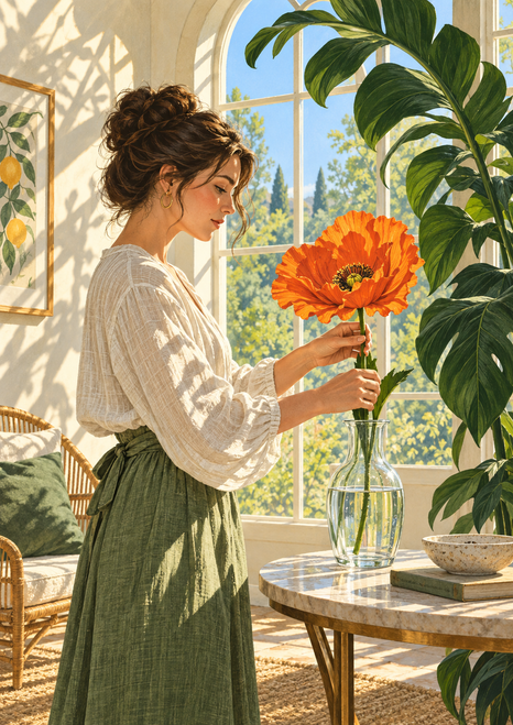 Adult woman in profile holding an orange poppy-like flower above a clear glass vase in a sunny room with an arched window and leafy plant.