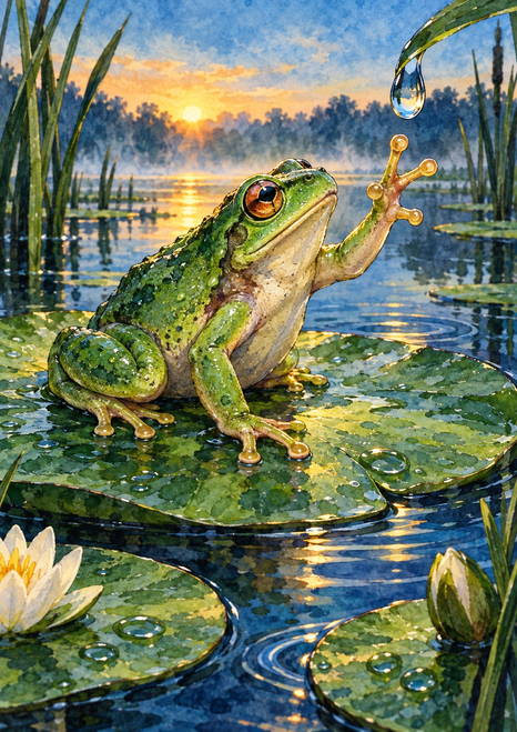 A green frog reaches toward a hanging water droplet from a lily pad, with water lilies, reeds, pond ripples, and sunrise in the background.