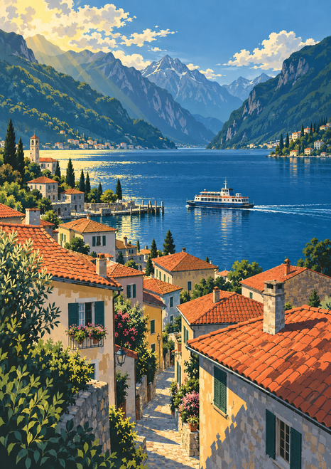 Terracotta-roofed alpine village and stone lane above a blue lake, with a white ferry and distant snow-tipped mountain.