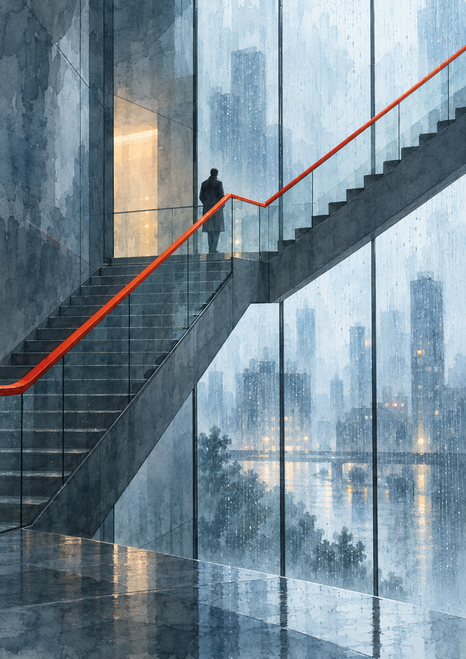 Lone dark figure on a glass atrium stair landing beside a diagonal red-orange rail, with rainy city reflections.