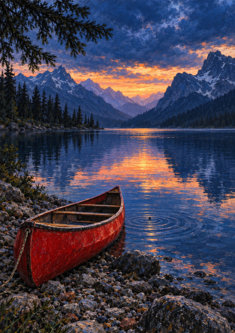 A vivid red canoe cropped at the lower-left edge beside a rippling mountain lake reflecting an apricot twilight sky.