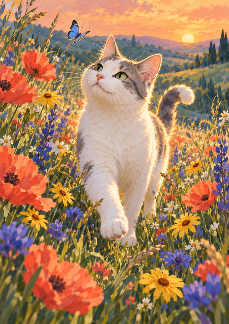 A white-and-gray cat with a raised paw walks through coral, yellow, and violet wildflowers as a blue butterfly hovers near its ear.