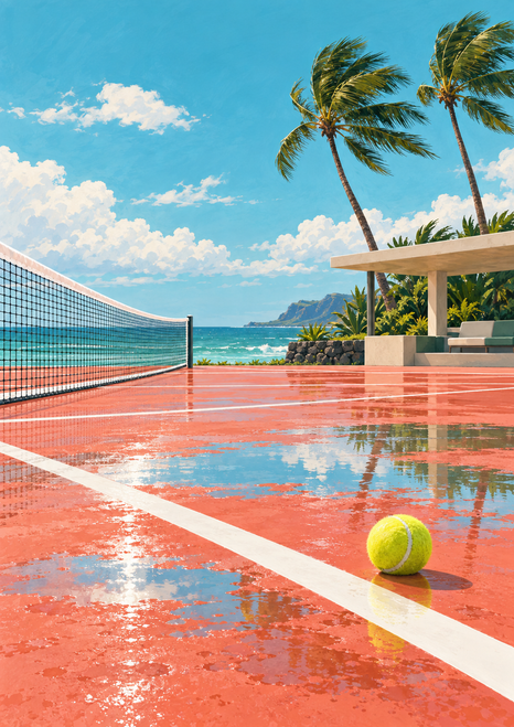 A yellow tennis ball on a reflective coral court by the sea, with a partly cropped net, palms, and a pale pavilion.