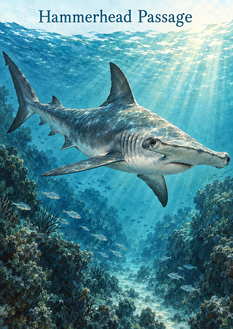 A hammerhead shark swims rightward through a sunlit blue-green reef channel above fish and coral, with Hammerhead Passage across the top.
